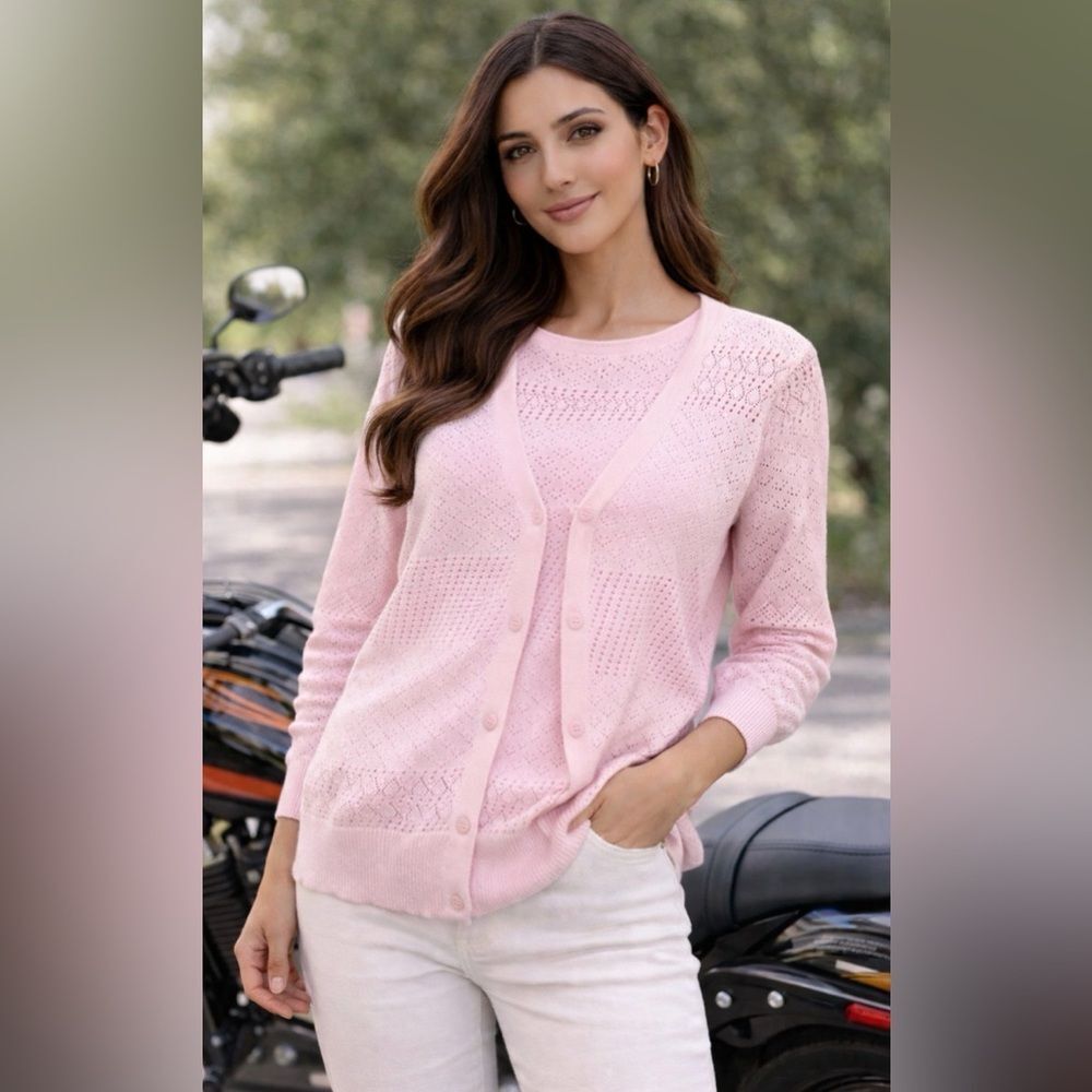 Pink Openwork Cardigan Sweater Set